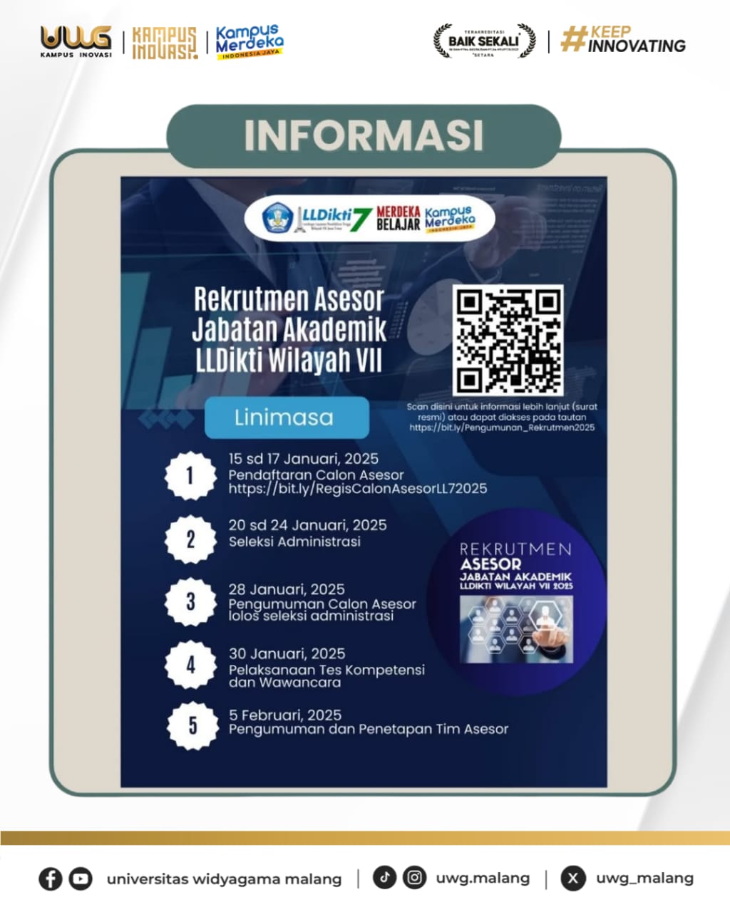 Informasi Rekrutmen Calon Asesor Jabatan Akademik LLDIKTI Wilayah VII